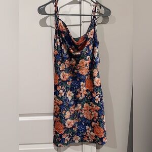 Lulu's Floral Cowl Neck Mini Dress - Navy and Coral
